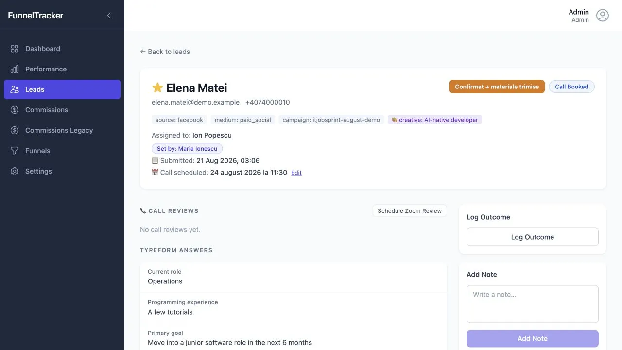 An opened example lead showing campaign source, assigned setter and closer, scheduled call, Typeform answers, activity and available actions.