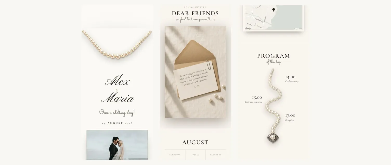 The Perla template in Invitame.Today, shown as three sections of one invitation: a cover with a pearl necklace above the couple’s names and wedding date, a message to guests with a photograph and the month’s calendar, and a schedule listing the civil ceremony, religious ceremony and reception times beside a map of the location.